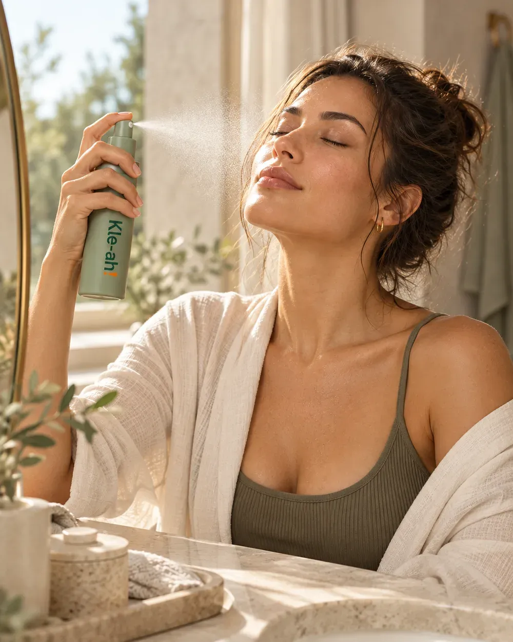 Daily skin reset with Kle-ah! Woman using Kle-ah! skincare spray as part of her daily skin reset
