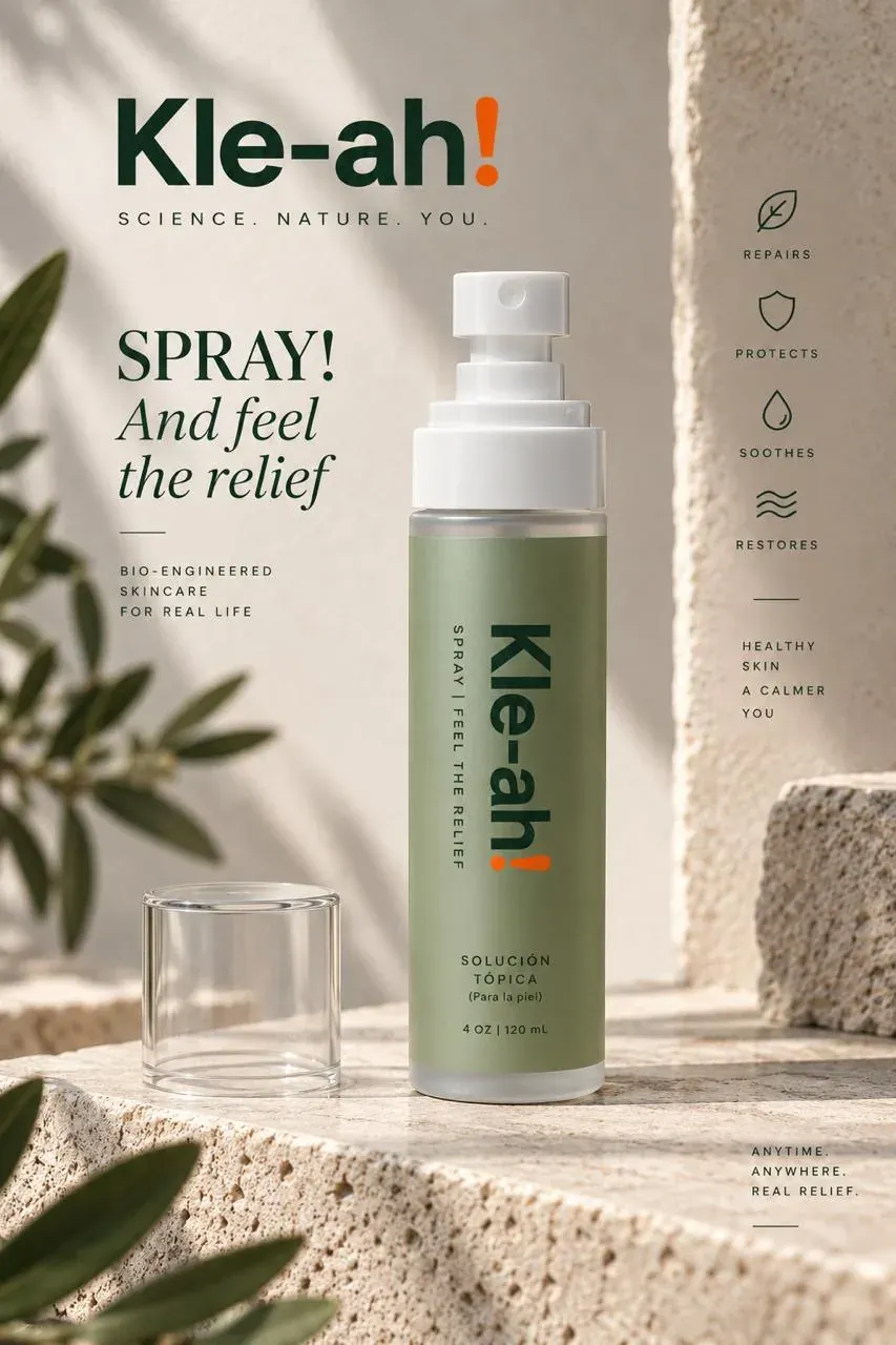 Kle-ah HOCl topical skin spray bottle on a stone ledge with soft light and leaves