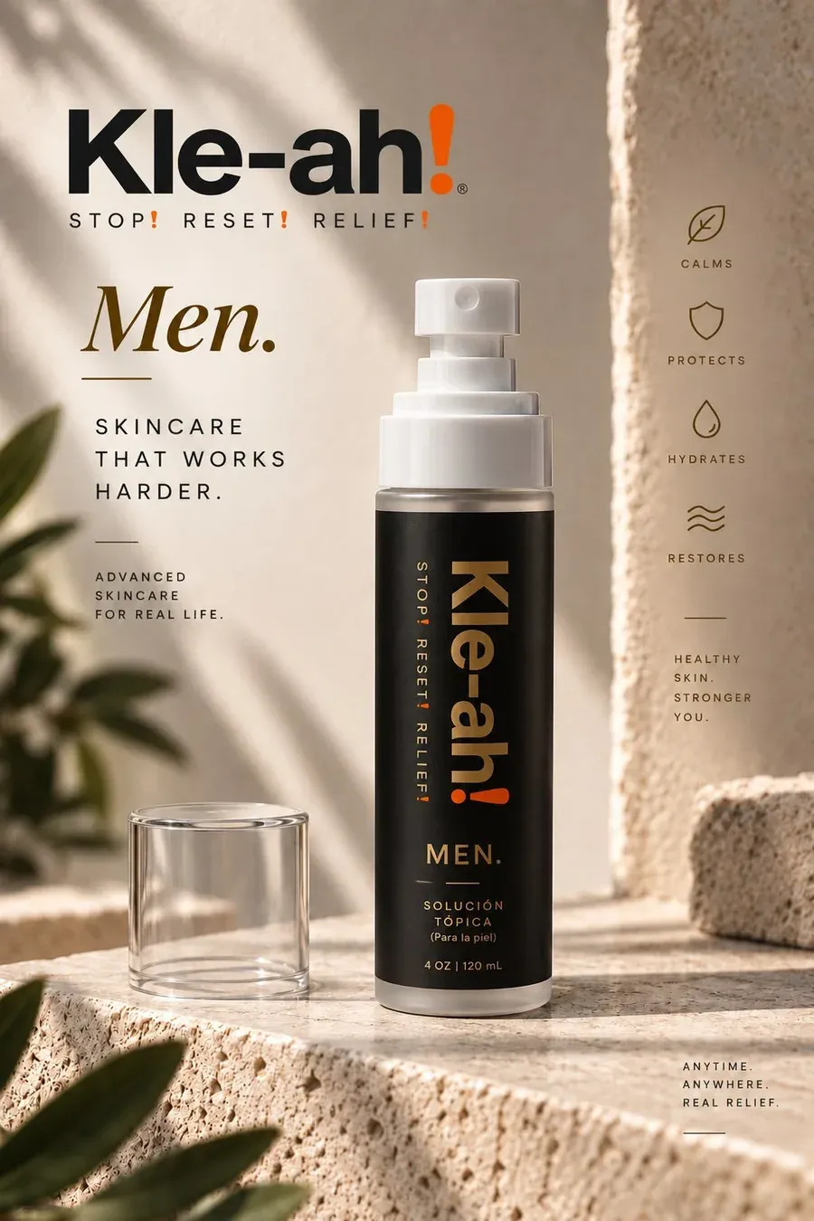 Kle-ah! Men daily skin spray in a black bottle beside a clear cap