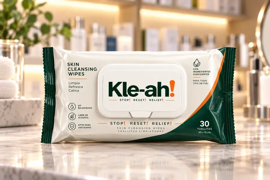 Kle-ah! Skin Cleansing Wipes pack of 30 on a stone surface with leaves