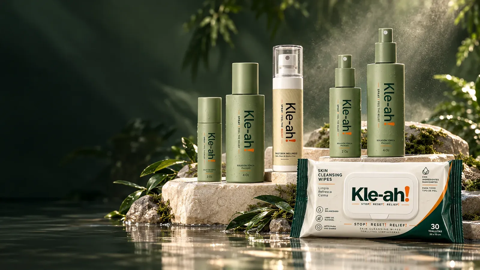 The Kle-ah! skincare collection Complete Kle-ah! skincare collection of sprays and wipes on stone beside water