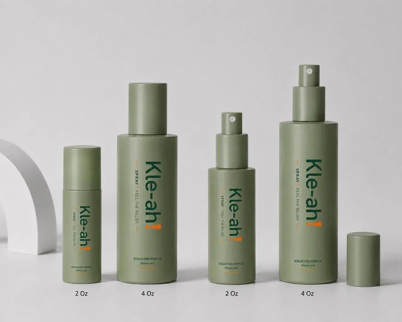 Kle-ah! 2 oz and 4 oz spray bottles Kle-ah! 2 oz and 4 oz spray bottles in green, with and without caps